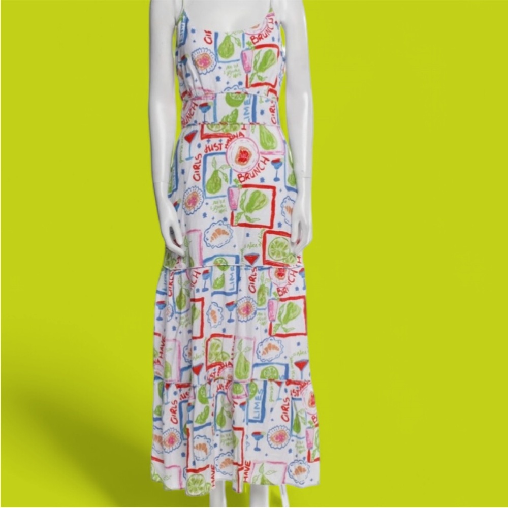 New Cynthia Rowley Colorful Tiered Brunch, Limes,&Cocktail Print Maxi Dress. XL